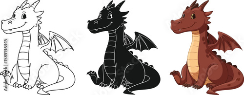 Three cartoon dragons showcase different styles, including line art, silhouette, and color, ideal for children's books, educational materials, or fantasy themed designs.