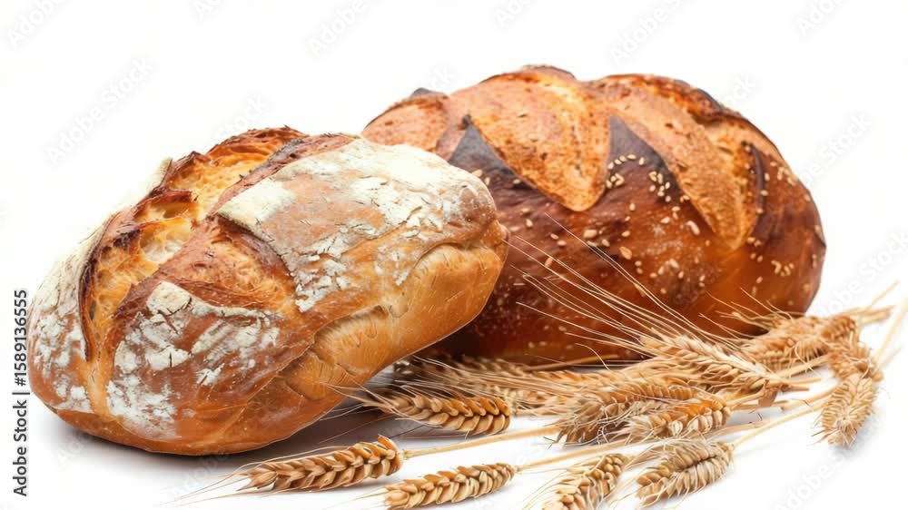Harvested wheat and freshly baked bread on a rustic wooden table