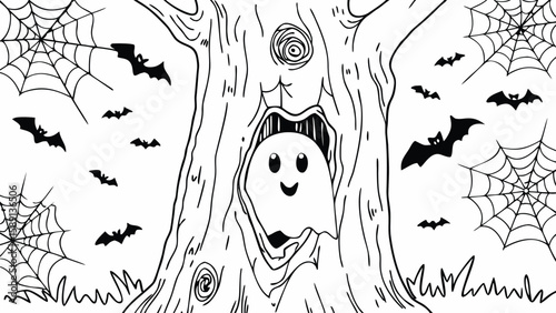 A spooky halloween scene featuring a ghost in a tree hollow with bats and spiderwebs in a black and white drawing
