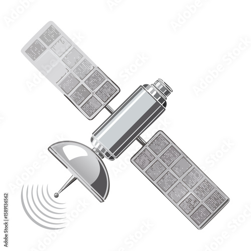 Satellite orbiting with solar panels and antenna transmits signals on a black background.