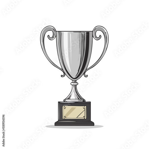Silver trophy cup with ornate handles sitting on a black base in a hand drawn style.