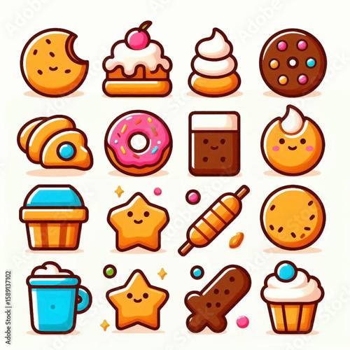 Cartoon style image with an array of cute food icons