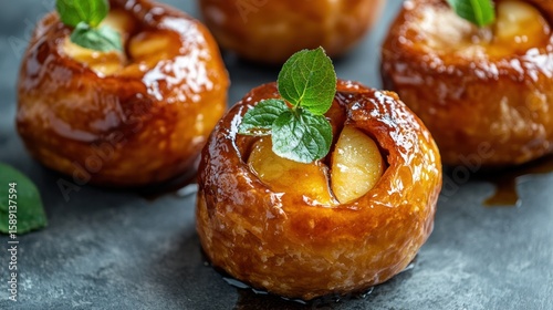 Close-up of four baked apples in puff pastry with caramel glaze and mint.