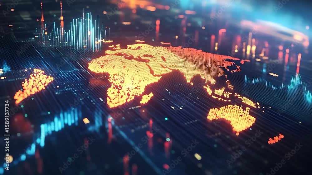 Digital representation of the world map with data visualization ...
