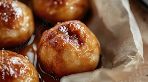 Baked apples with caramel glaze in baking pan.