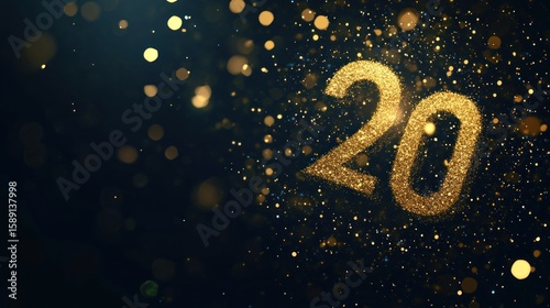 Sparkling gold number twenty on dark background.