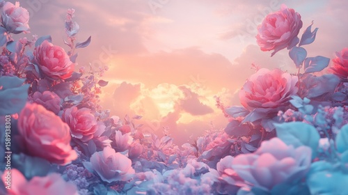 Pastel pink and blue roses blooming at sunset.
