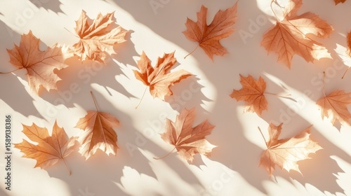 Dried maple leaves scattered on beige background with sunlight shadows.