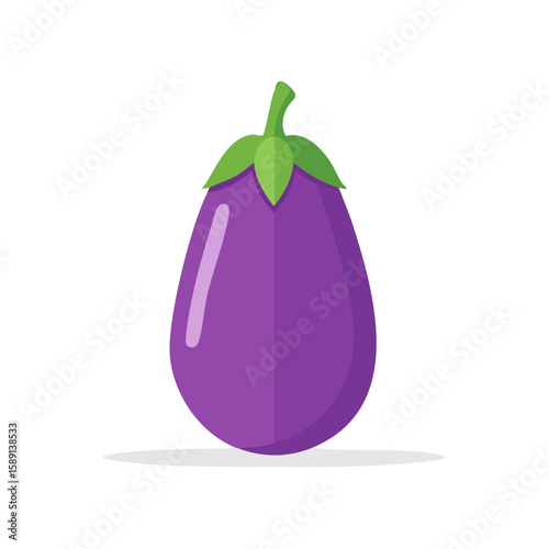 Isolated eggplant flat illustration style with green leaves on black background with soft drop shadow.