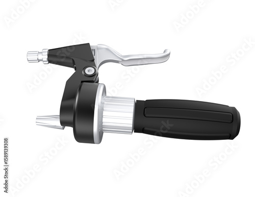 Isolated black motorcycle or electric bike throttle grip with silver brake lever, high resolution, on a PNG Transparent HD Background. Ideal for design projects needing automotive or cycle controls.