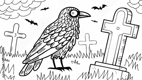 A cartoon illustration of a crow standing in a graveyard with tombstones clouds and bats sketched above