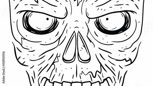 Close up line drawing of an angry skull with hollow eyes and a bony nose and teeth showing grimace face