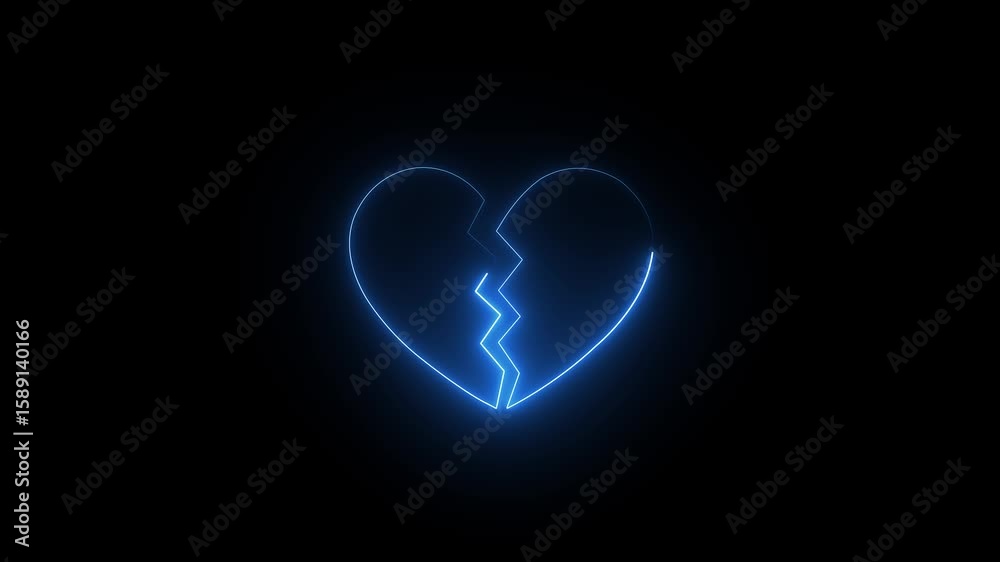 Animation icon of a broken red heart 4k on black background. Broken heart animation. Concept of unrequited love broken heart neon sign animation Neon broken heart no valentines day indicates. 