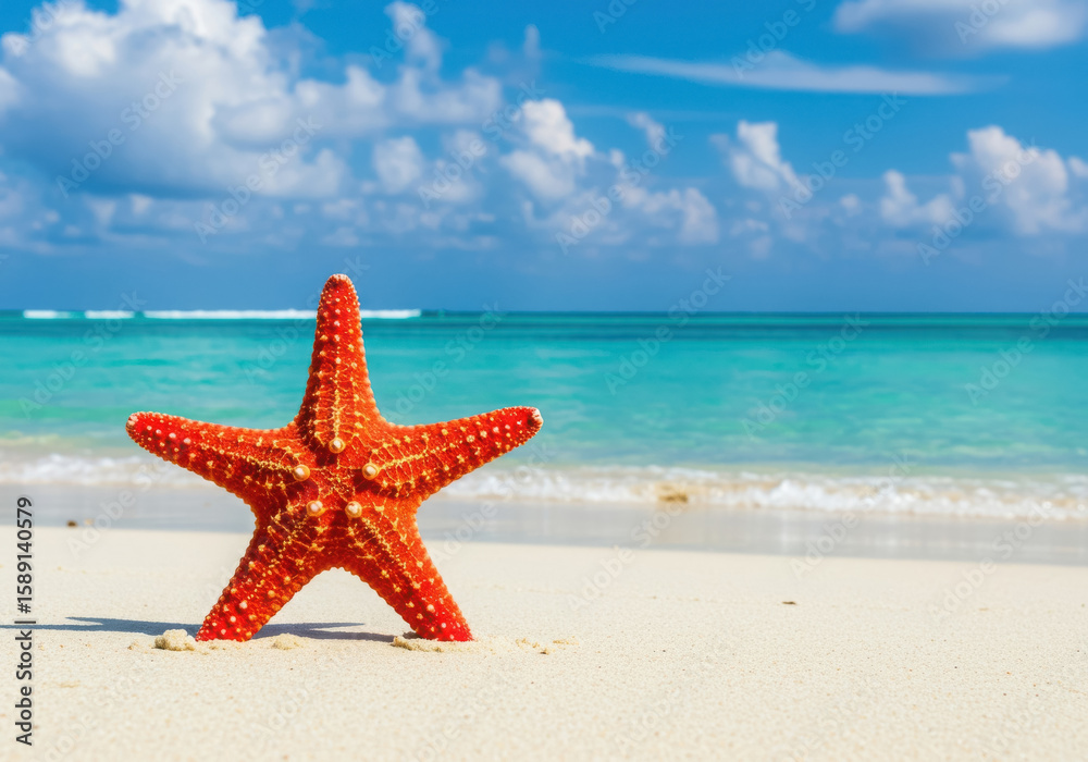 A vibrant red starfish rests on a sandy beach by the turquoise ocean A vibrant red starfish rests on a sandy beach by the turquoise ocean