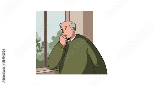 Pensive character gazing out of window in minimalist cartoon style