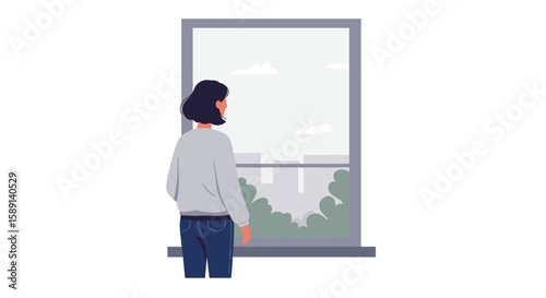 Woman in casual clothes gazing out a window at cityscape on a cloudy day