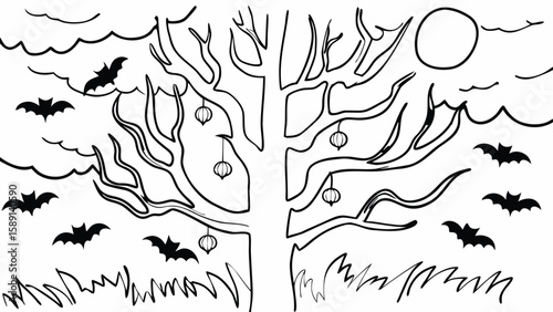 A spooky halloween scene with bats flying around a bare tree under a full moon and cloudy sky design