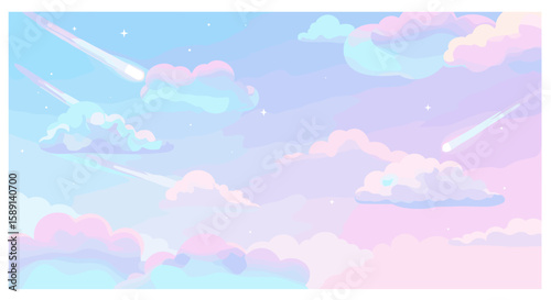 Dreamy pastel sky with cotton candy clouds and shooting stars