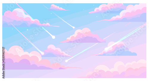 Dreamy sky with shooting stars and pastel cloudscape in soft gradient