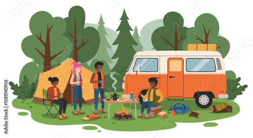 Outdoor camping adventure with friends near campfire and camper van in forest