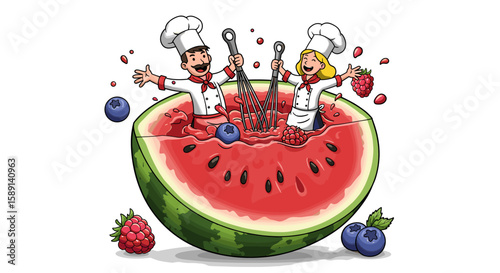 Chefs joyfully dive in watermelon with whisks and berries