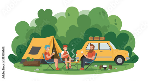 Family camping trip with tent and car in scenic forest setting