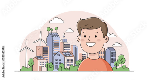 Smiling boy in eco-friendly cityscape with wind turbines and solar panels in cartoon style