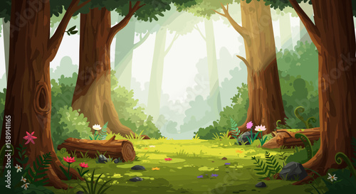 Enchanting forest clearing with lush trees and colorful flowers