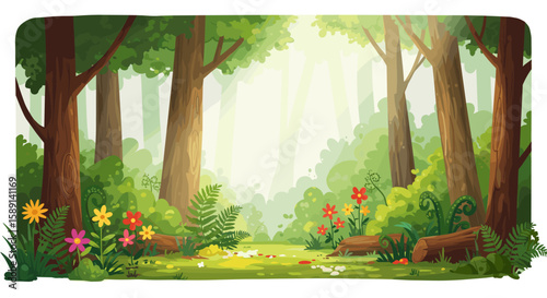 Lush forest scene with sunlit glade and vibrant wildflowers in cartoon style