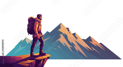 Adventurous hiker standing on cliff with majestic mountain background in vibrant style