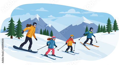 Family skiing adventure in the mountains with snowy landscape and pine trees