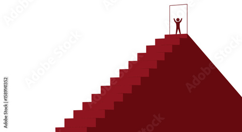 Minimalist red staircase with triumphant figure at the top