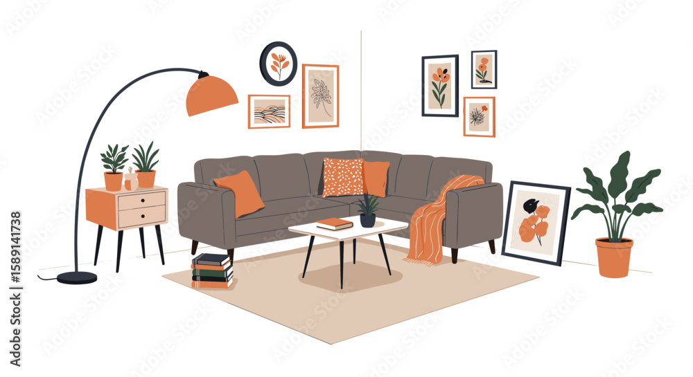 Fototapeta premium Modern living room with orange accents and contemporary decor elements