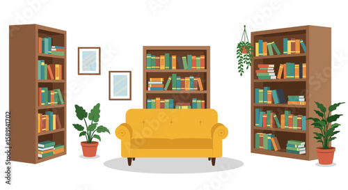 Cozy living room with bookshelves and yellow sofa in a simple design