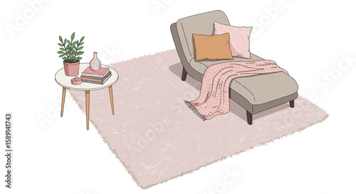 Cozy living room scene with chaise lounge and decor elements