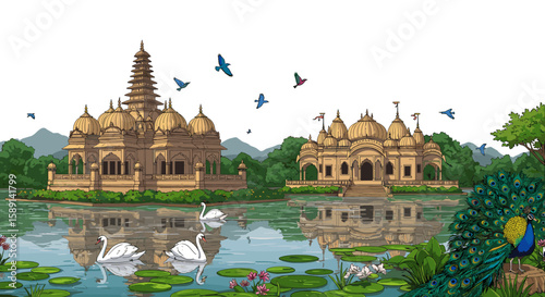 Temple reflections by lakeside with peacocks and swans in nature