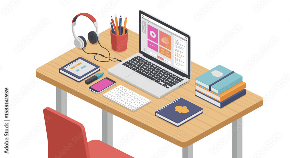 Fototapeta premium Isometric workspace with laptop and office accessories on wooden desk