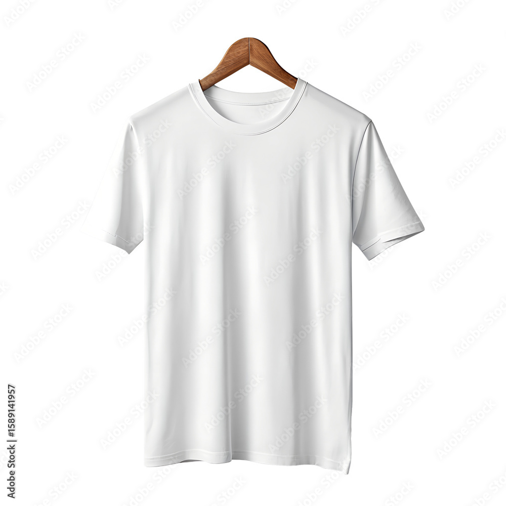 A crisp white casual t-shirt hangs on a brown wooden clothes hanger, isolated on a transparent background, a clean PNG file. A crisp white casual t-shirt hangs on a brown wooden clothes hanger, isolated on a transparent background, a clean PNG file.