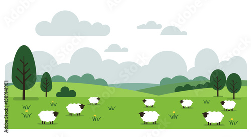 Peaceful pastoral landscape with sheep in minimalist flat design