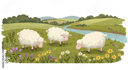 Charming pastoral landscape with sheep grazing near a serene stream