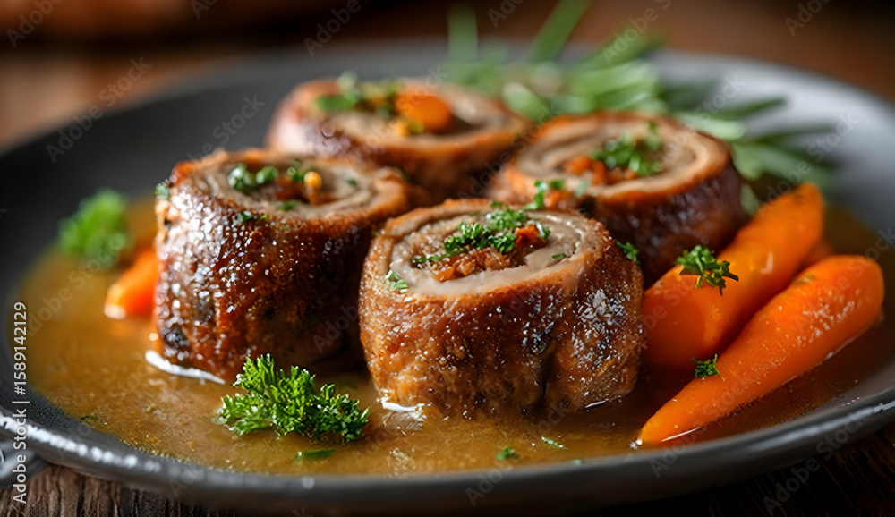 Succulent beef rolls stuffed with fresh herbs and spices, served with tender carrots in a rich, savory gravy on a rustic wooden table. Succulent beef rolls stuffed with fresh herbs and spices, served with tender carrots in a rich, savory gravy on a rustic wooden table.