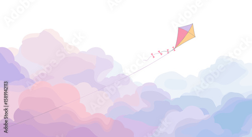Colorful kite soaring through dreamy pastel cloudscape