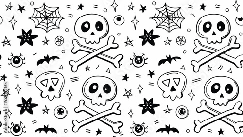 Seamless pattern with skulls, bones, bats, stars, eyes and spider webs in black and white doodle style