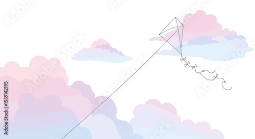 Pastel cloudscape with minimalist kite and line art design