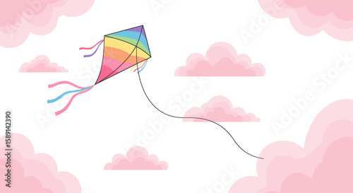Colorful kite flying amidst pink clouds on a clear day