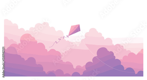 Dreamy kite flying in pastel pink and purple cloudscape