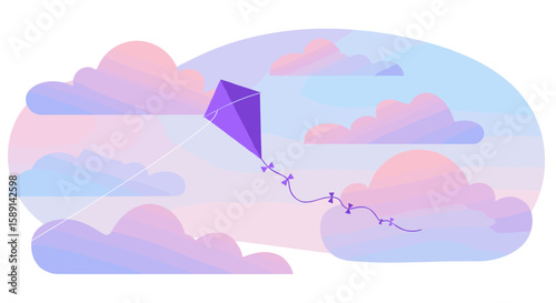 Colorful gradient kite flying among pastel clouds in a dreamy sky