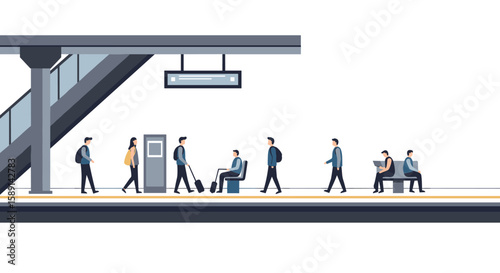 Minimalist people commuting in modern urban train station scene