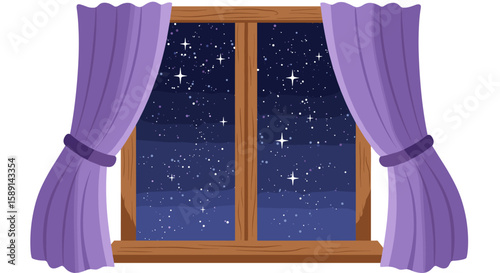 Cozy night view through window with purple curtains and starry sky