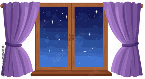 Cozy night view through wooden window with purple curtains and starry sky